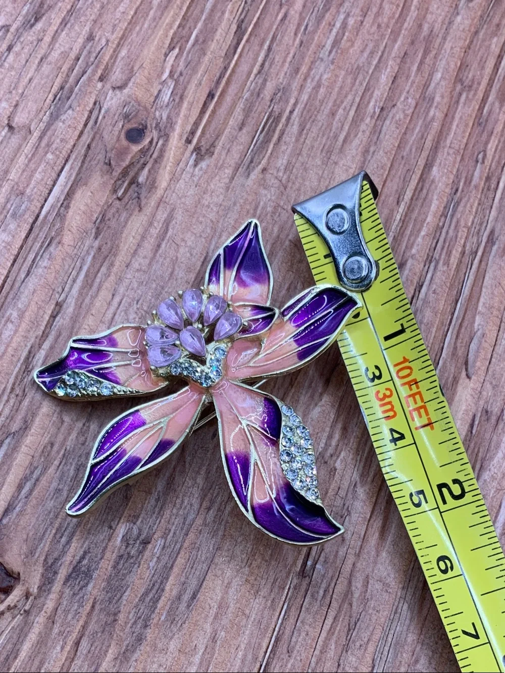 Floral Iris or Orchid Enamel and Crystal Accents Purple and Peach Brooch